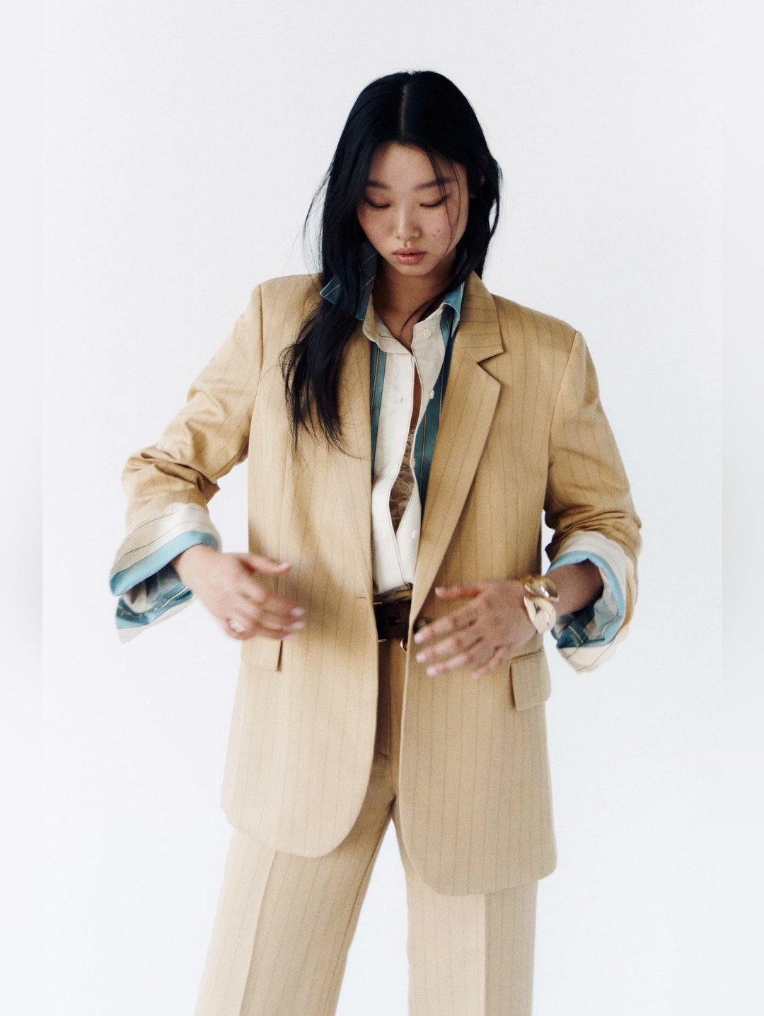 H&M Set Linen-Blend Blazer Sz M + Dress Pants Sz 12 Pinstriped Nwt